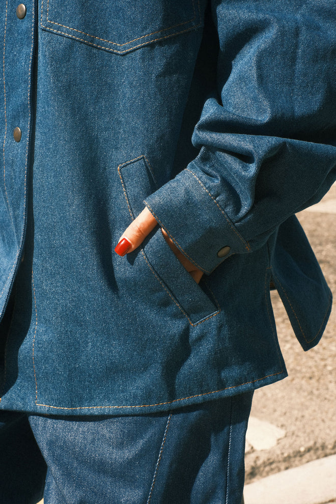 Denim shirt with hood