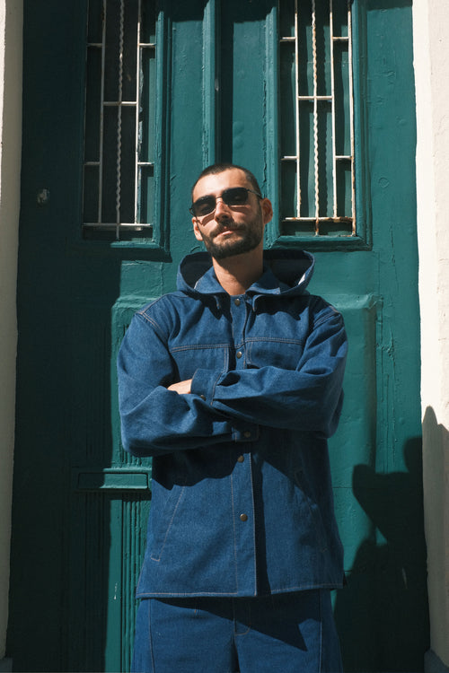 Denim shirt with a hood