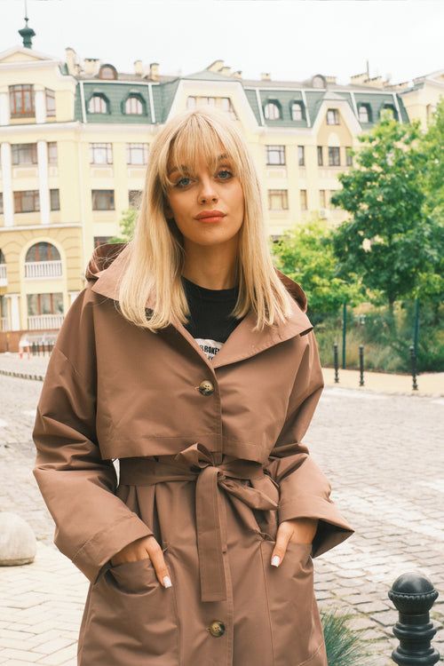 Brown hooded trench coat