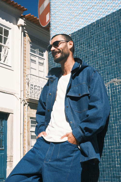 Denim shirt with a hood
