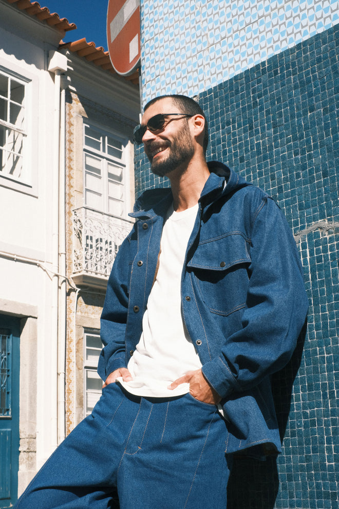 Denim shirt with a hood