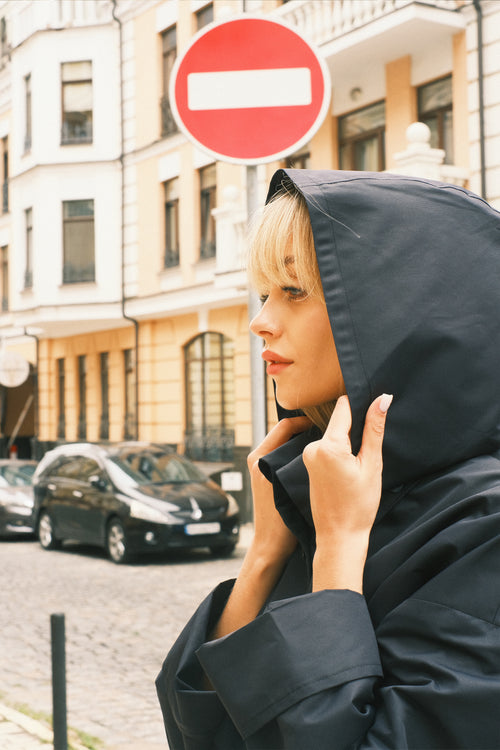 Dark Blue Hooded Trench Coat