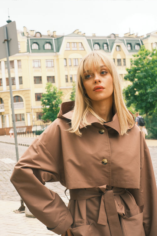 Brown hooded trench coat
