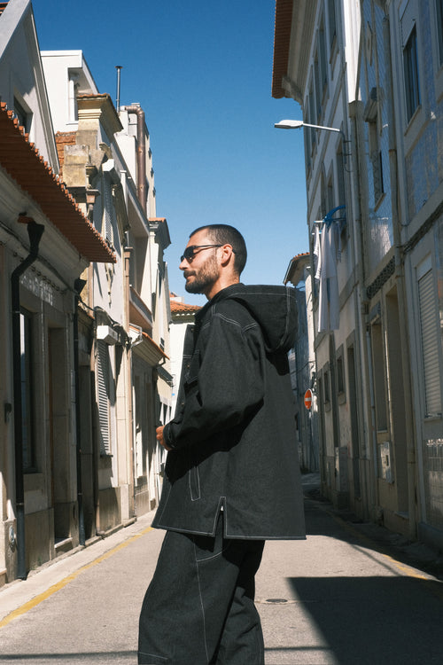 Denim shirt with Black hood