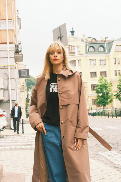 Brown hooded trench coat