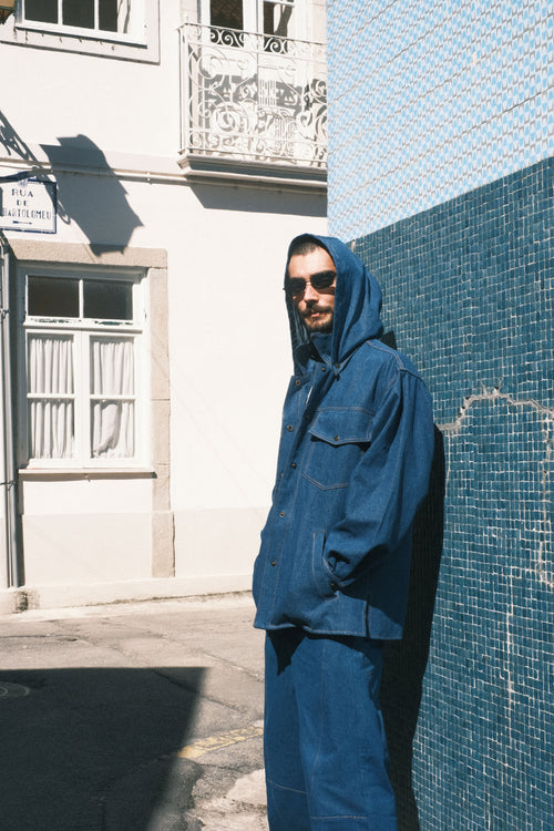 Denim shirt with a hood