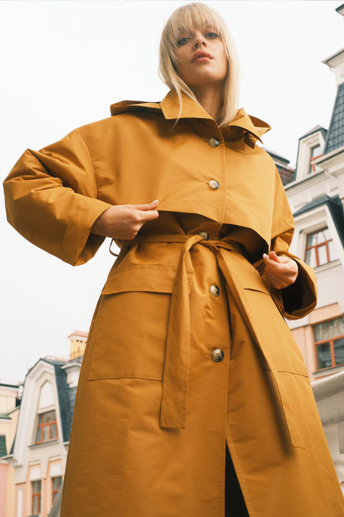 Sand hooded trench coat