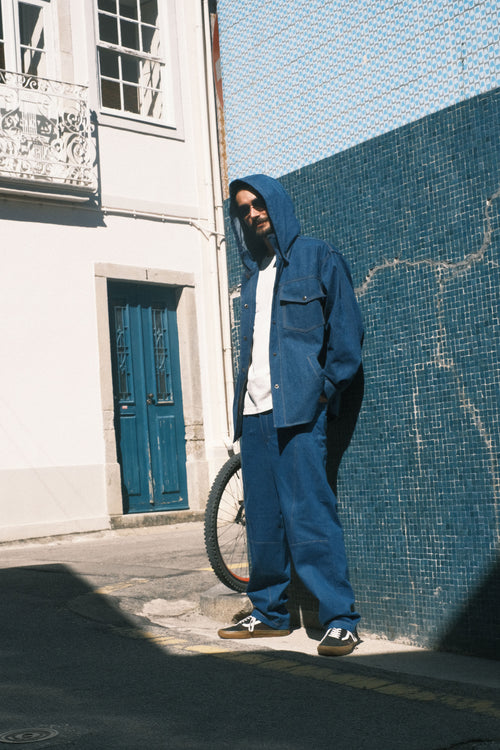 Denim shirt with a hood