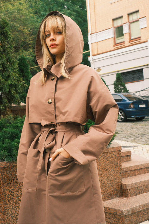 Brown hooded trench coat