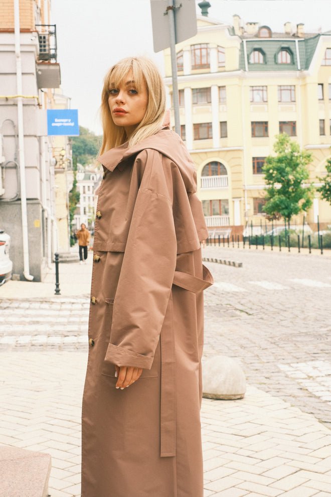 Brown hooded trench coat