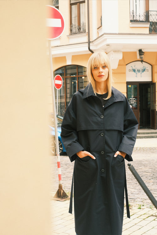 Dark Blue Hooded Trench Coat
