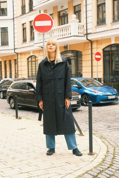 Dark Blue Hooded Trench Coat