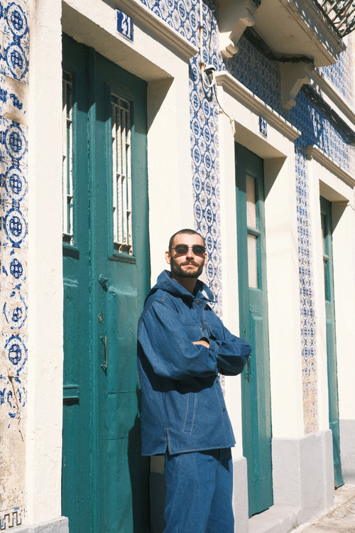 Denim shirt with a hood