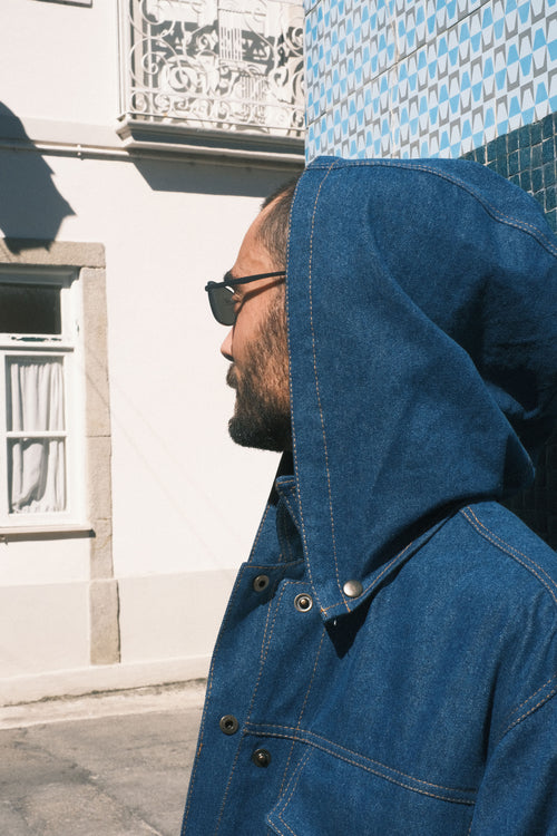 Denim shirt with a hood