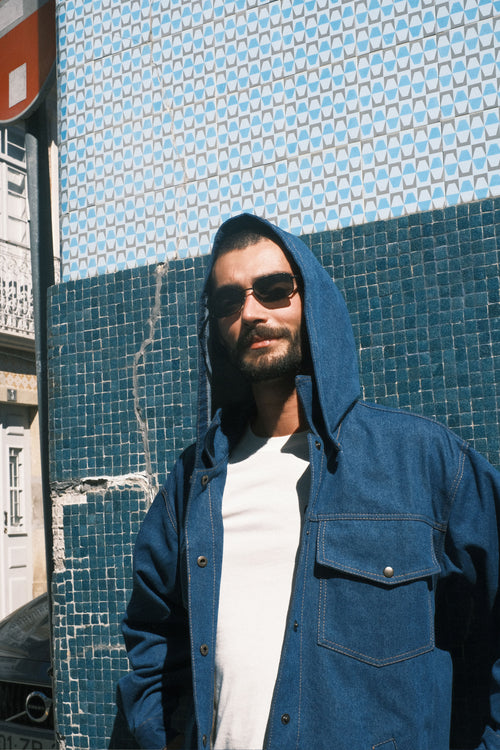 Denim shirt with a hood