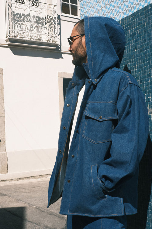 Denim shirt with a hood