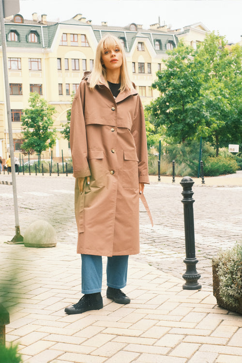 Brown hooded trench coat