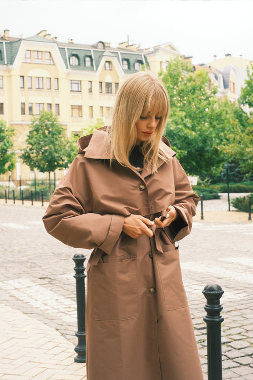 Brown hooded trench coat