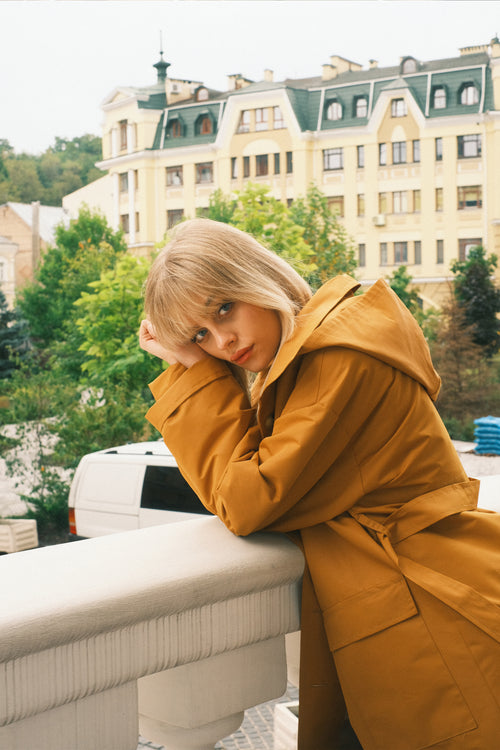 Sand hooded trench coat