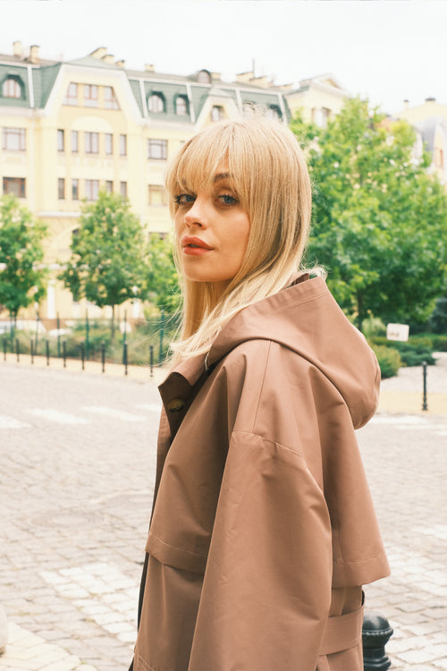 Brown hooded trench coat