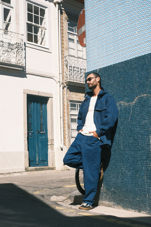 Denim shirt with a hood