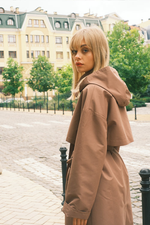 Brown hooded trench coat