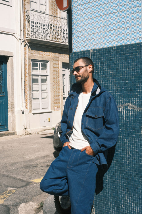 Denim shirt with a hood