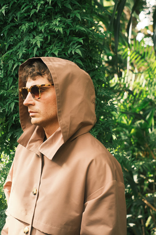 Brown hooded trench coat
