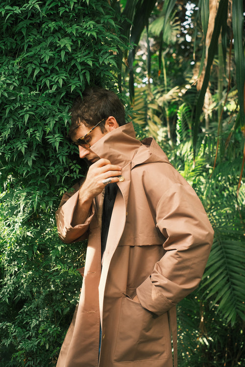 Brown hooded trench coat