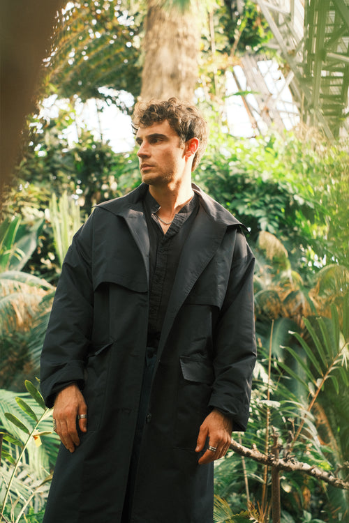 Dark Blue Hooded Trench Coat