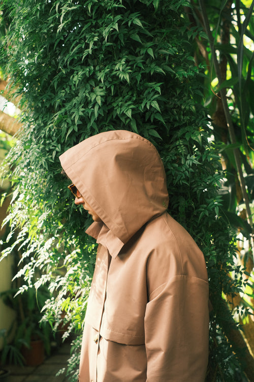 Brown hooded trench coat