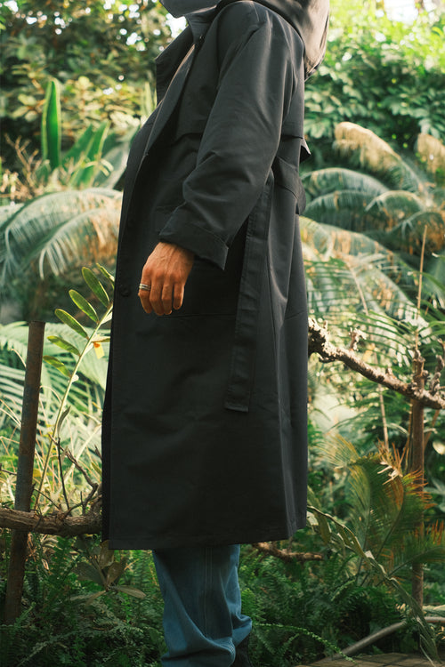 Dark Blue Hooded Trench Coat