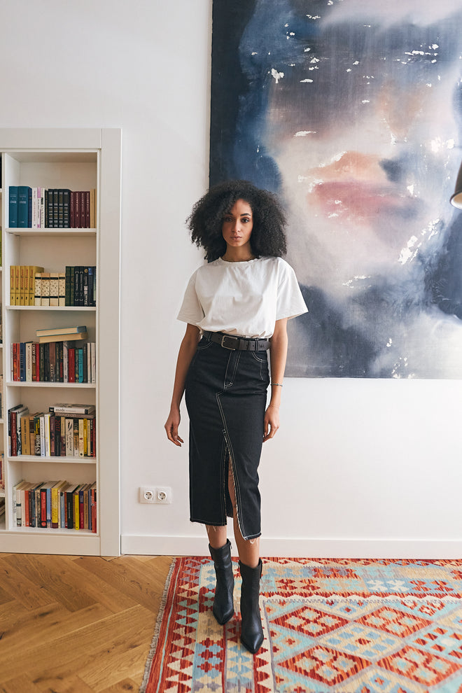 Black denim skirt
