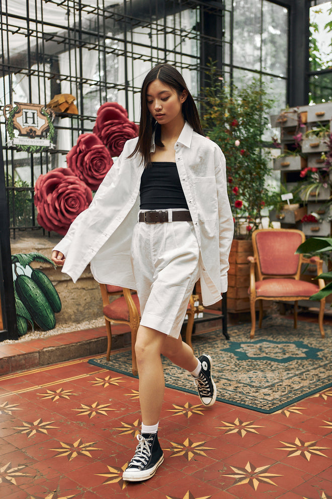 White linen shorts