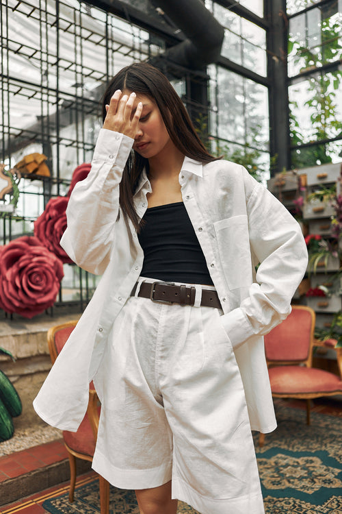 White linen shorts