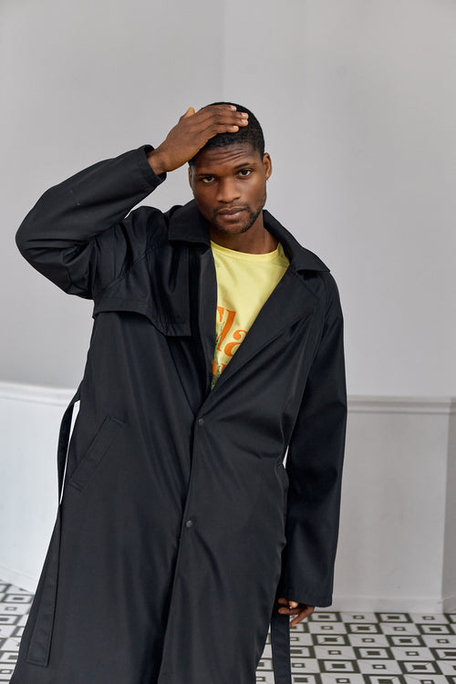 Black hooded trench coat