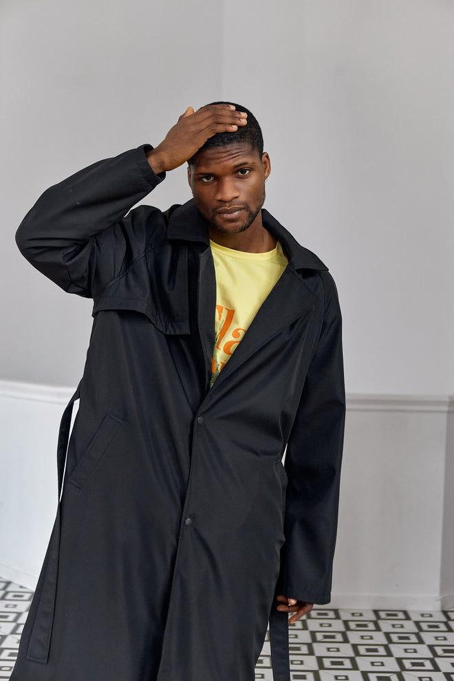 Black hooded trench coat