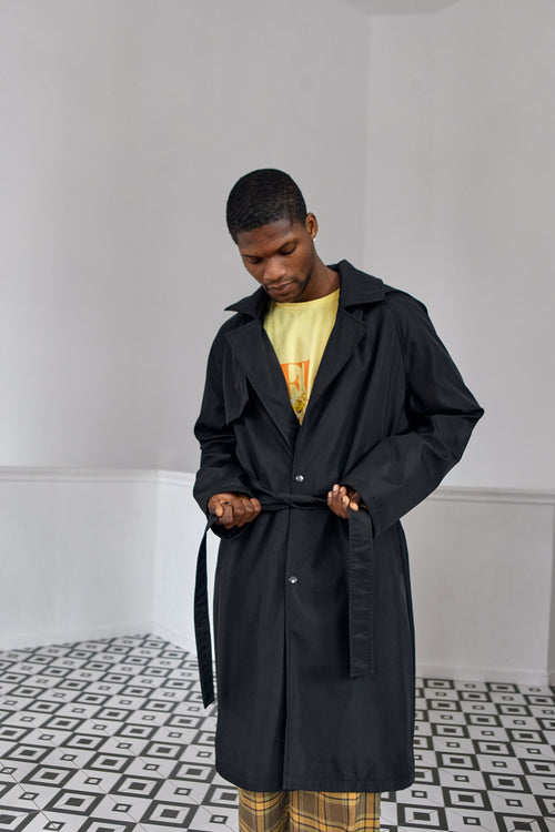 Black hooded trench coat