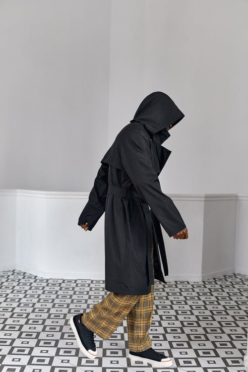 Black hooded trench coat