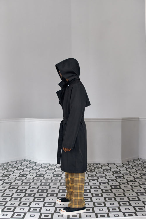 Black hooded trench coat