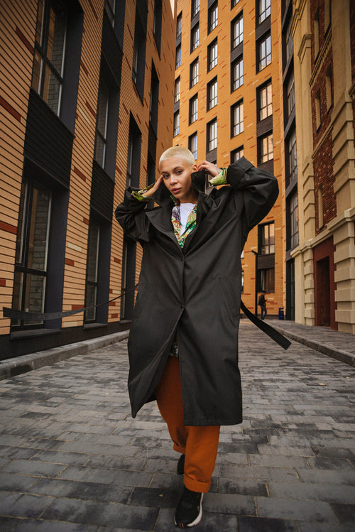 Black hooded trench coat
