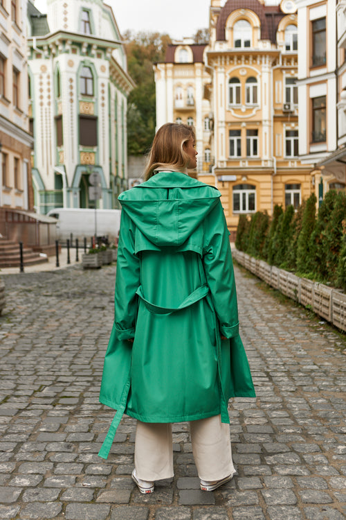 Green hooded trench coat