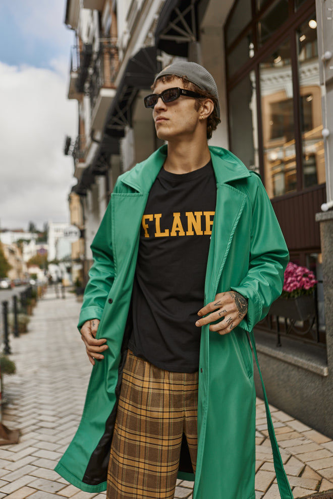 Green hooded trench coat