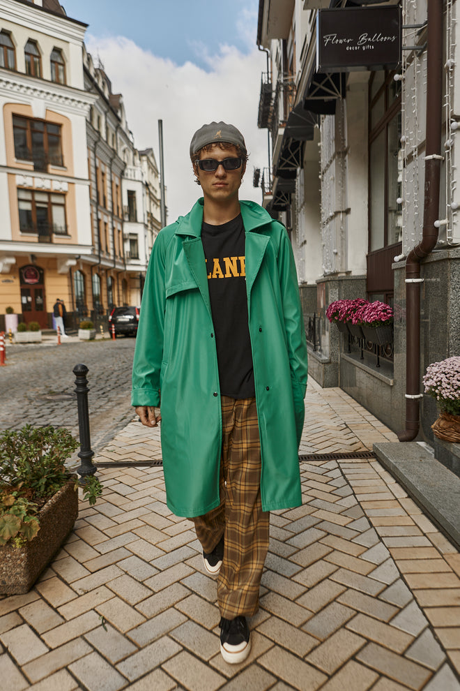 Green hooded trench coat