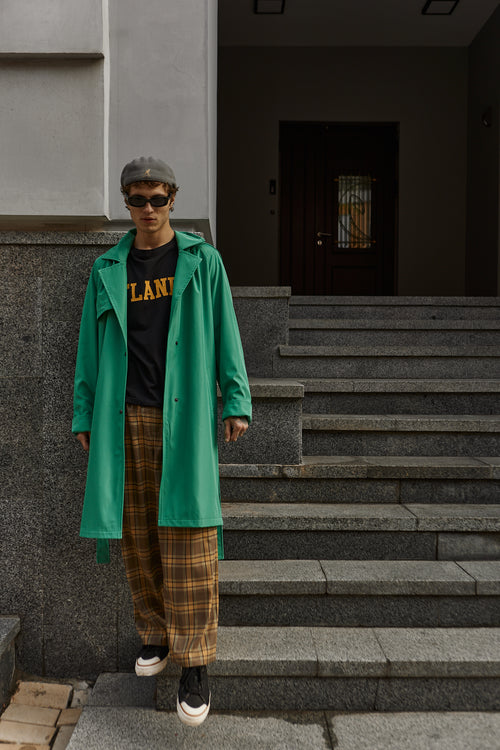 Green hooded trench coat