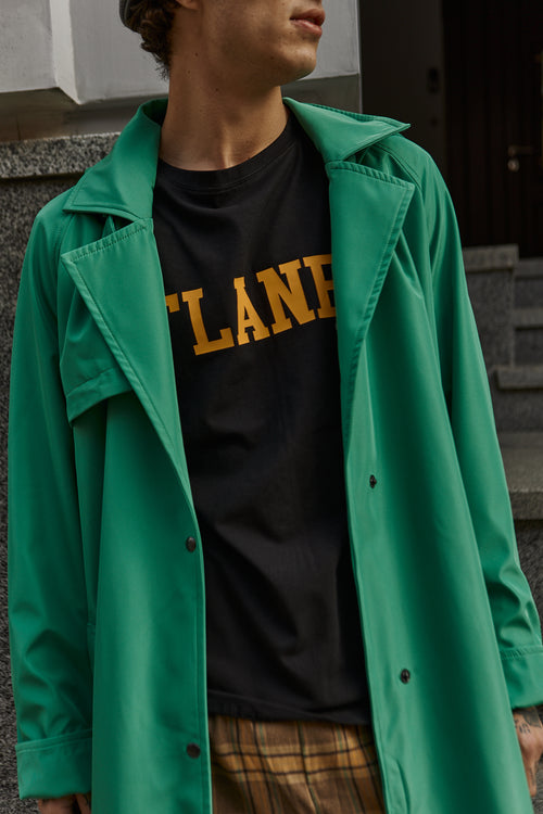 Green hooded trench coat