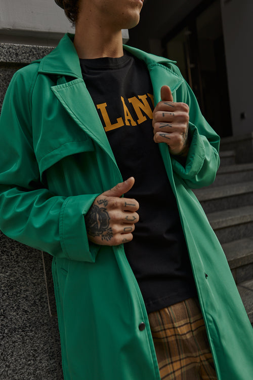 Green hooded trench coat