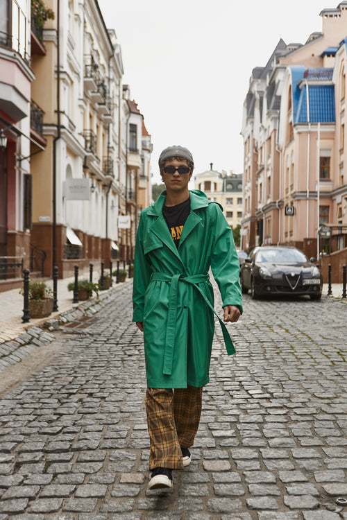 Green hooded trench coat