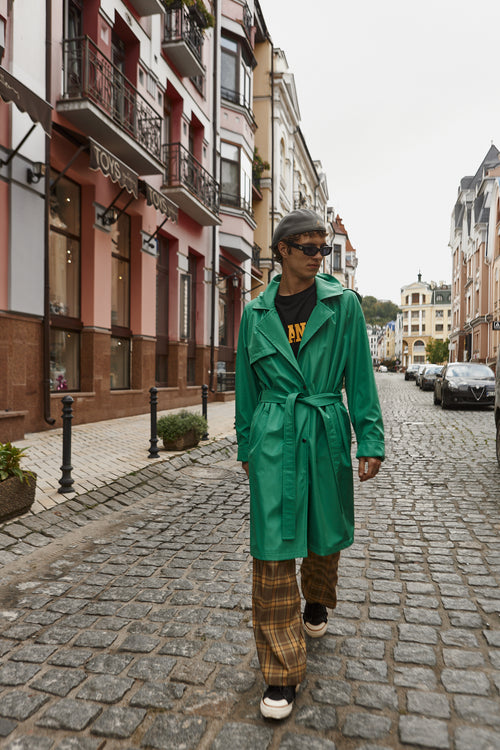Green hooded trench coat
