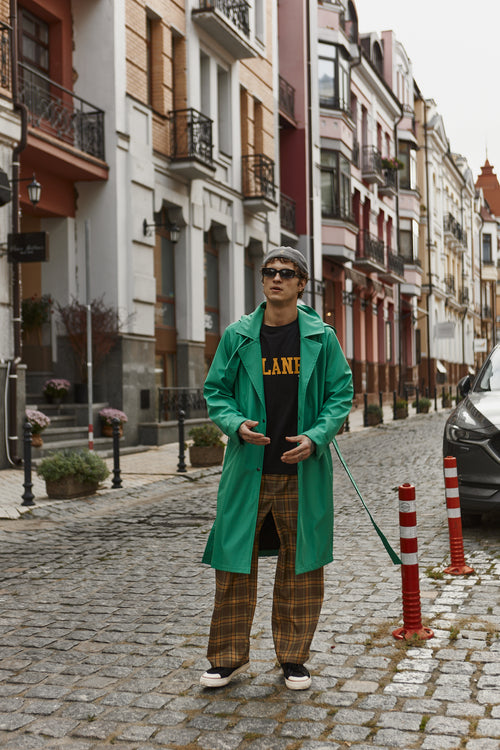 Green hooded trench coat